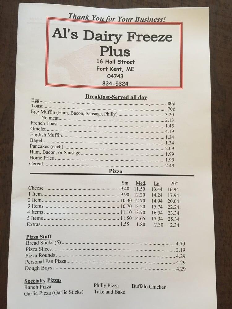 Menu at Al's Dairy Freeze pizzeria, Fort Kent