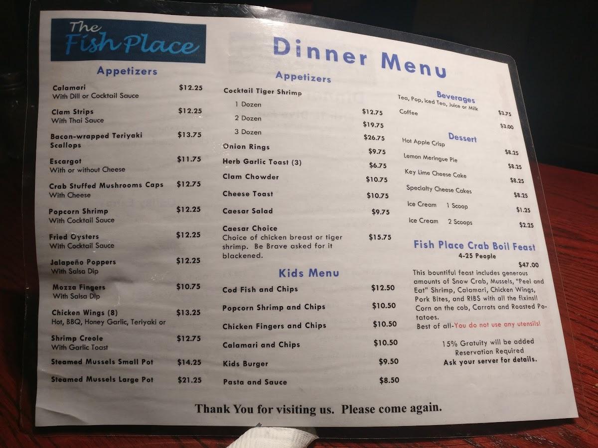 Menu at The Fish Place restaurant, Fort McMurray