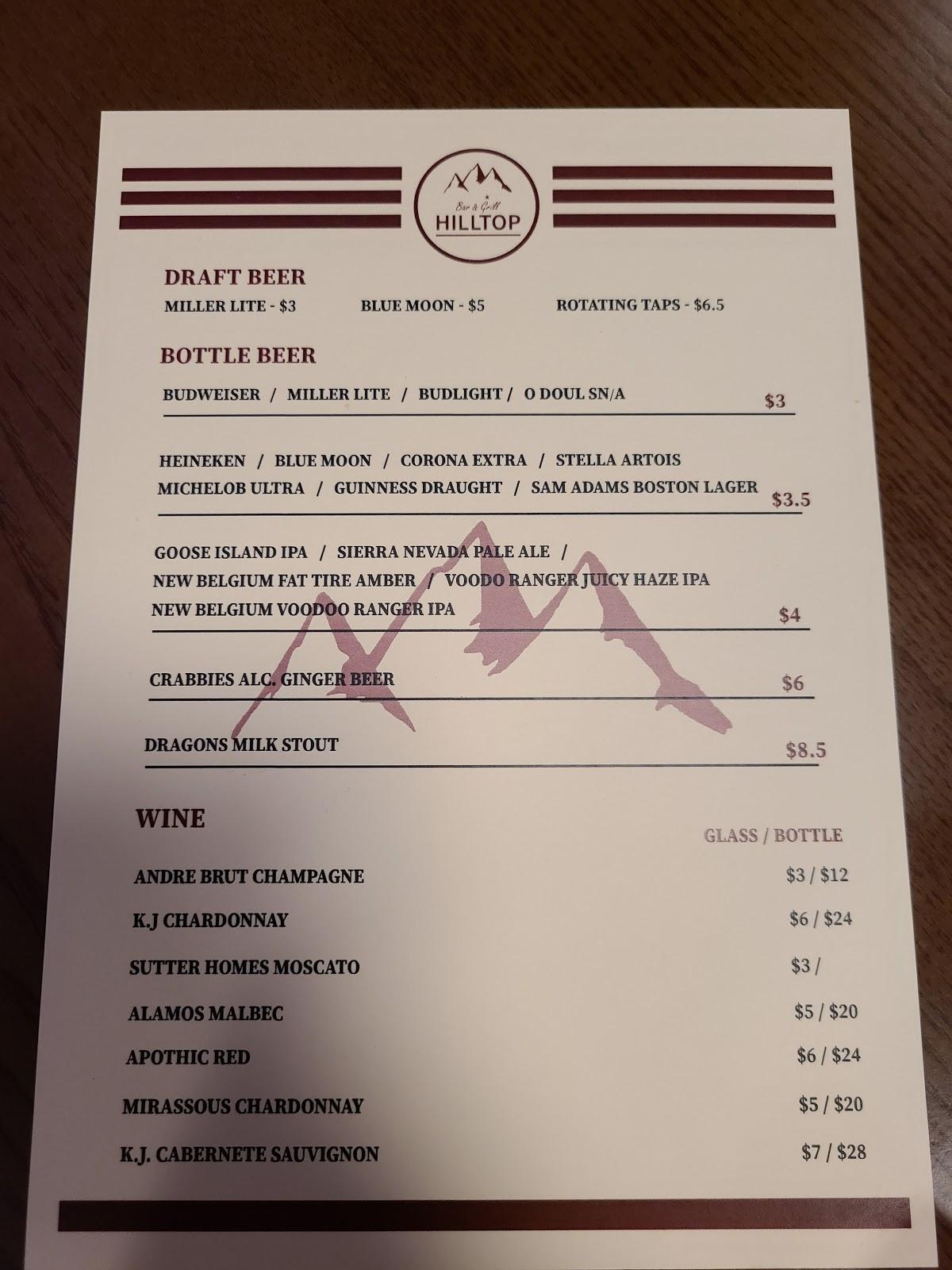 Menu at Hill Top Bar and Grill, Daegu