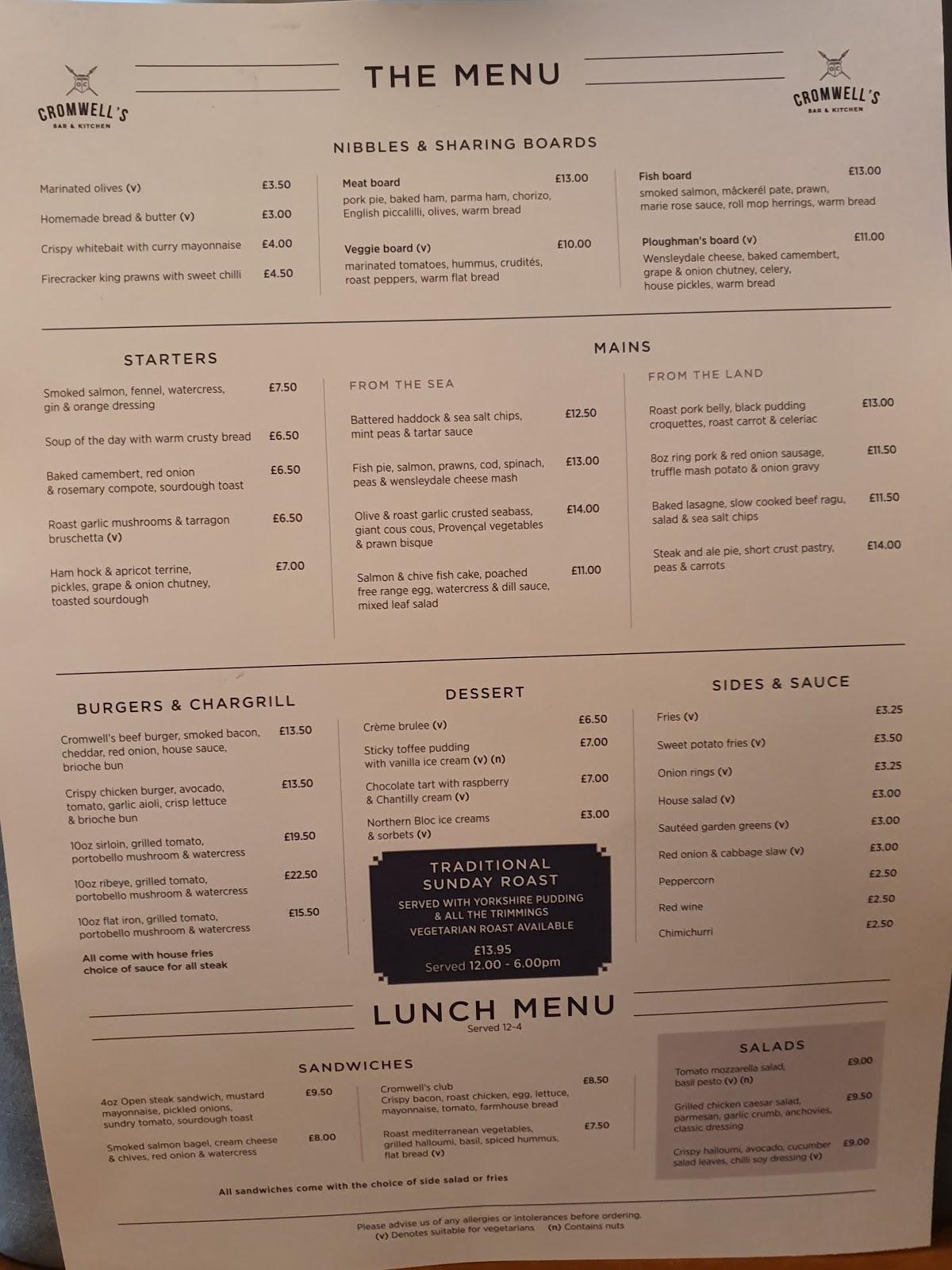 Menu at Cromwell's Collingham restaurant, Collingham