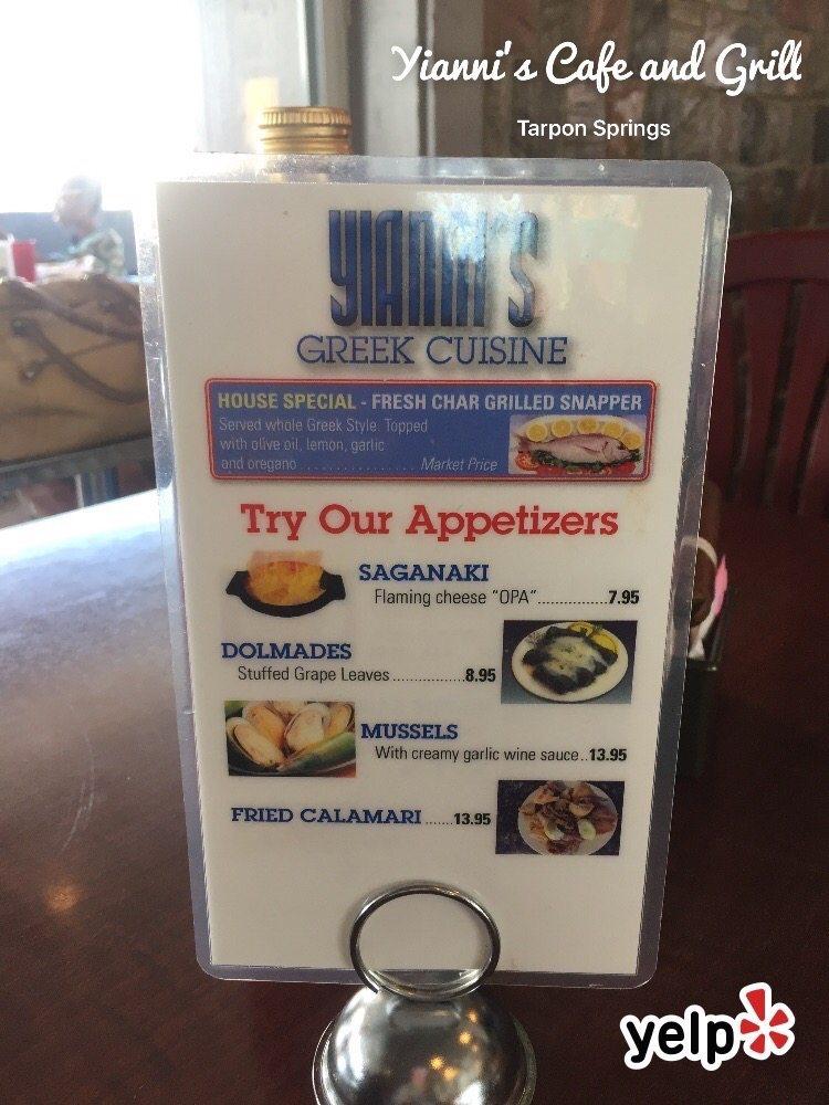 Menu at Yianni's Greek Cuisine restaurant, Tarpon Springs