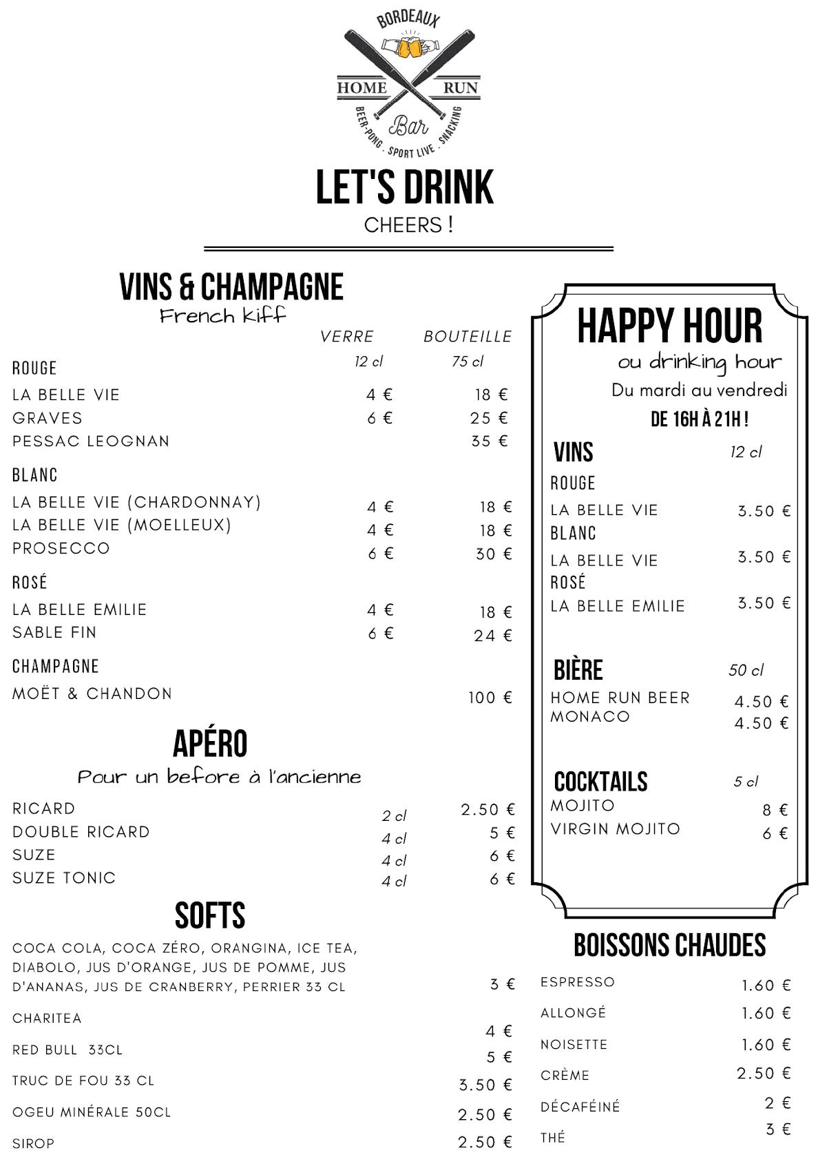 Menu at Home Run Bar, Bordeaux