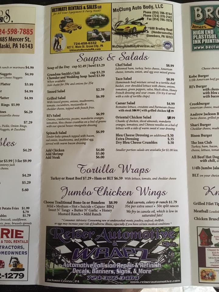 Menu at Yellow Creek Inn restaurant, Jackson Center