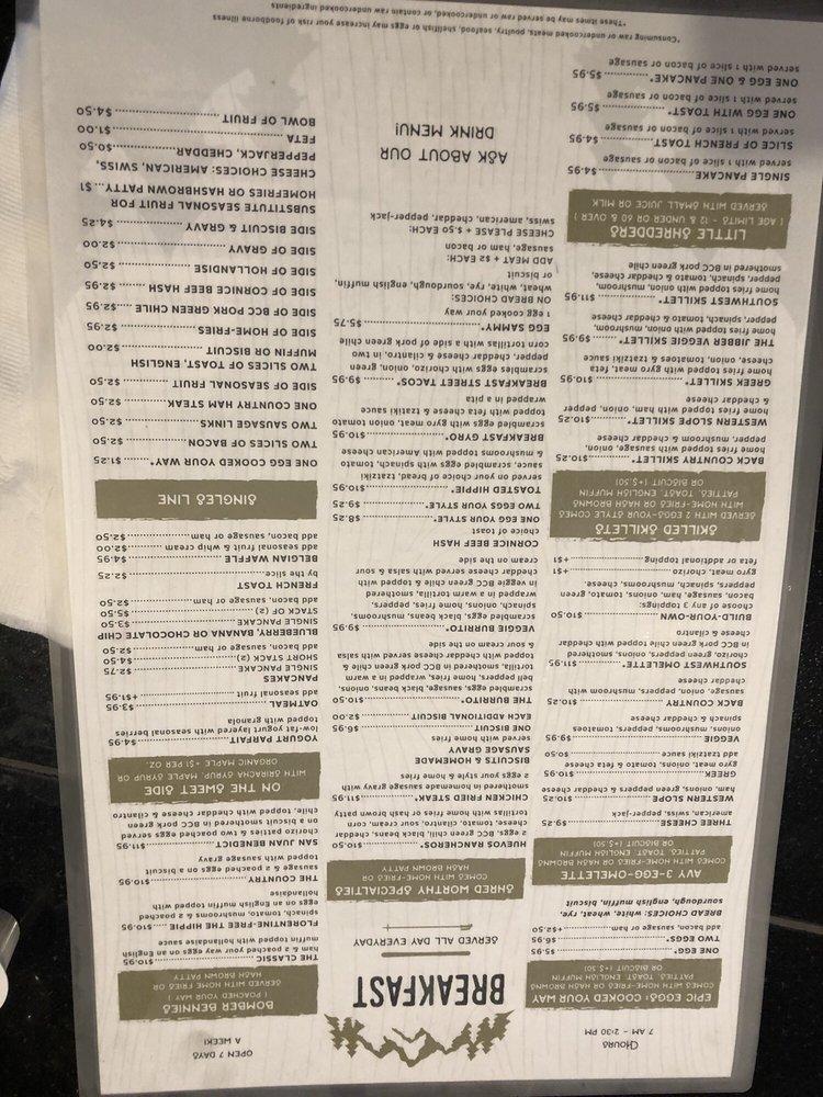 Menu at Back Country Cafe, Gunnison