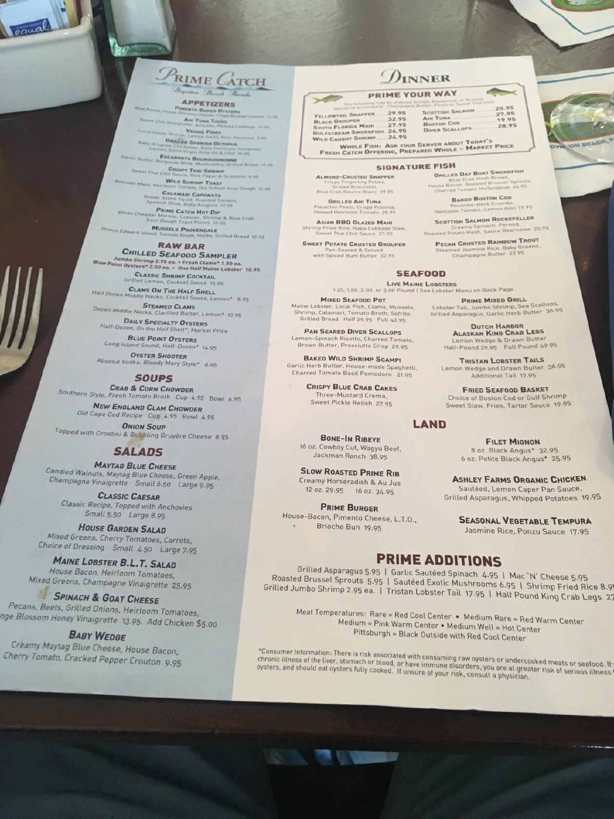 Menu at Prime Catch pub & bar, Boynton Beach