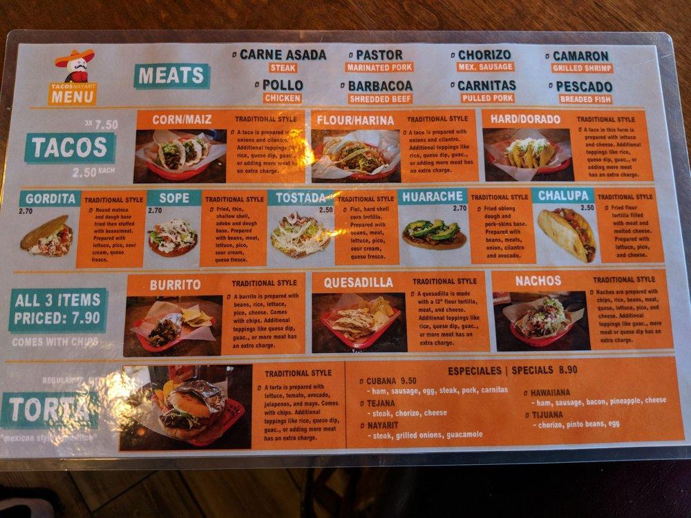 Menu at Tacos Nayarit restaurant, Columbia, Percival Rd