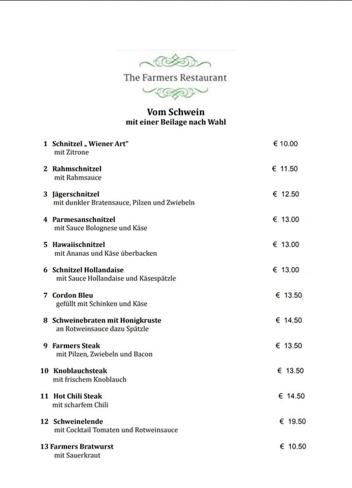 Speisekarte von The Farmers Restaurant, Langwieden