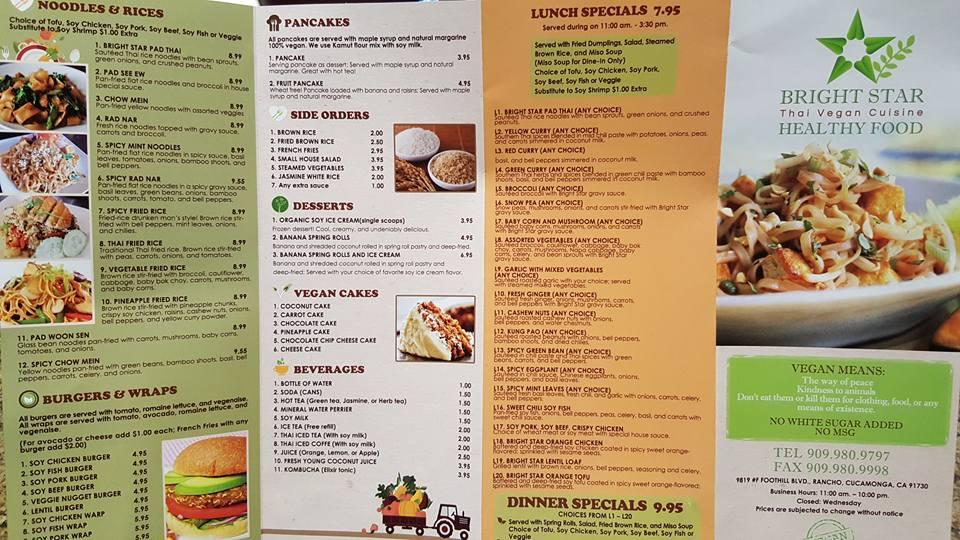 Menu at Bright Star Thai Vegan Cuisine restaurant, Rancho Cucamonga