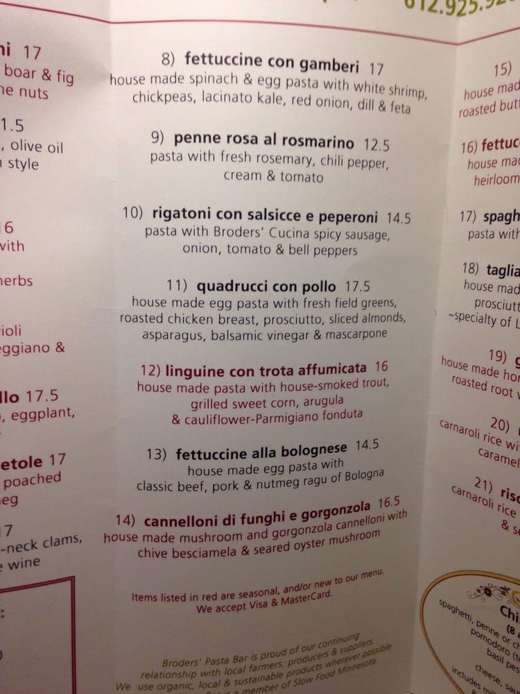 Menu at Broders' Pasta Bar, Minneapolis