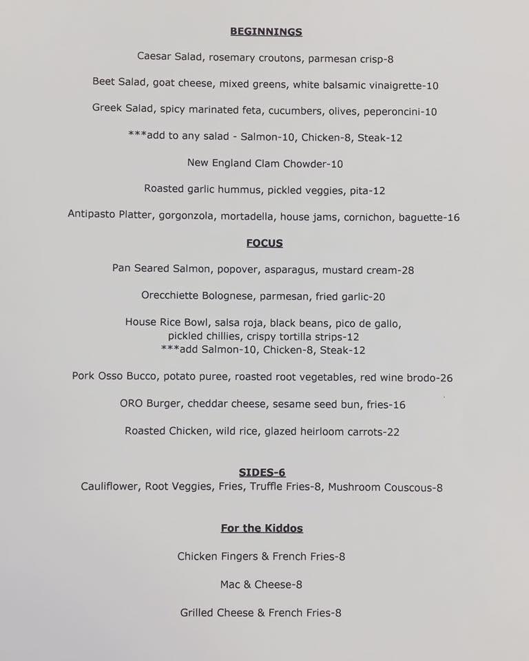 Menu at Oro restaurant, Scituate, 227 Chief Justice Cushing Hwy