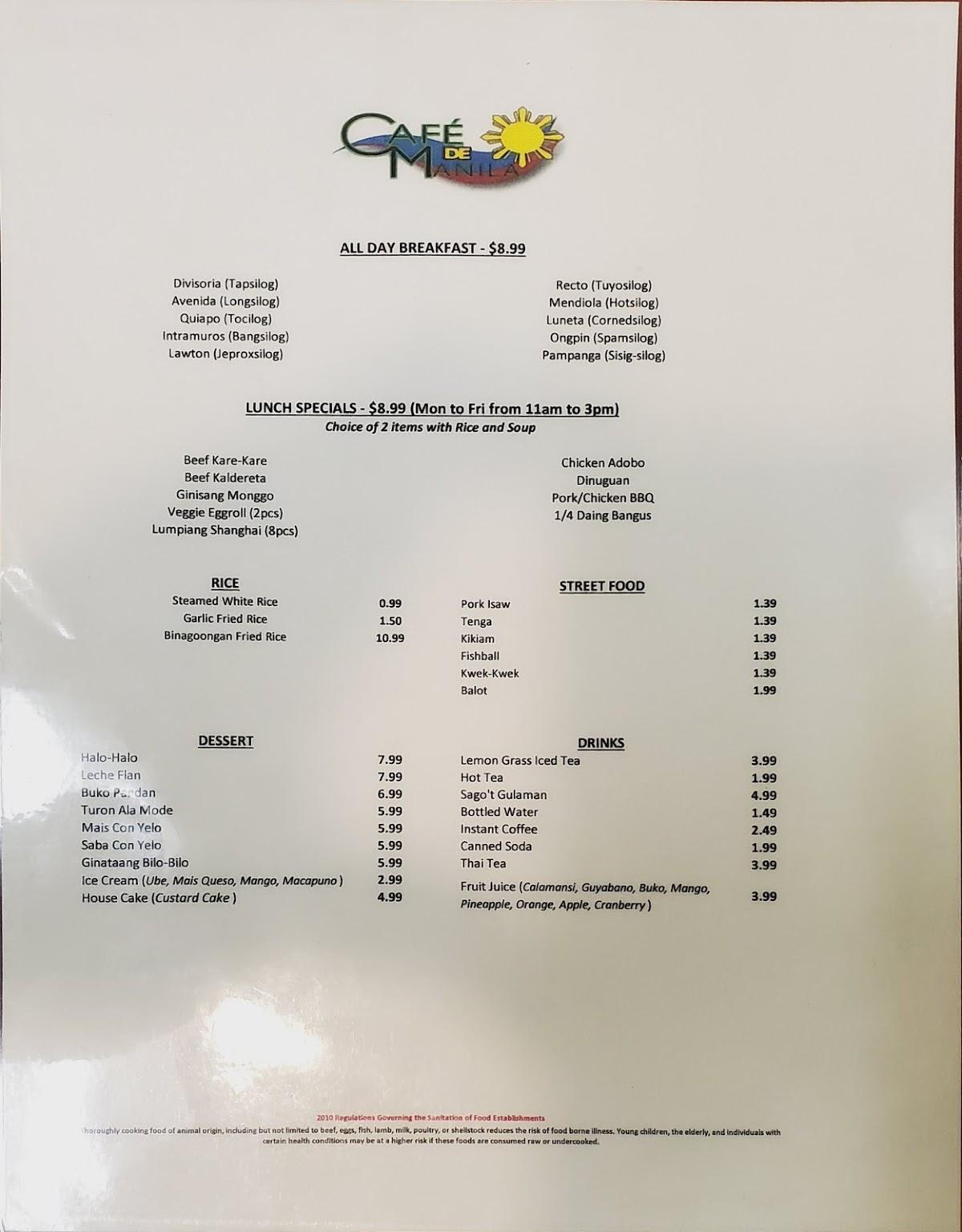 Cafe De Manila Menu And Prices