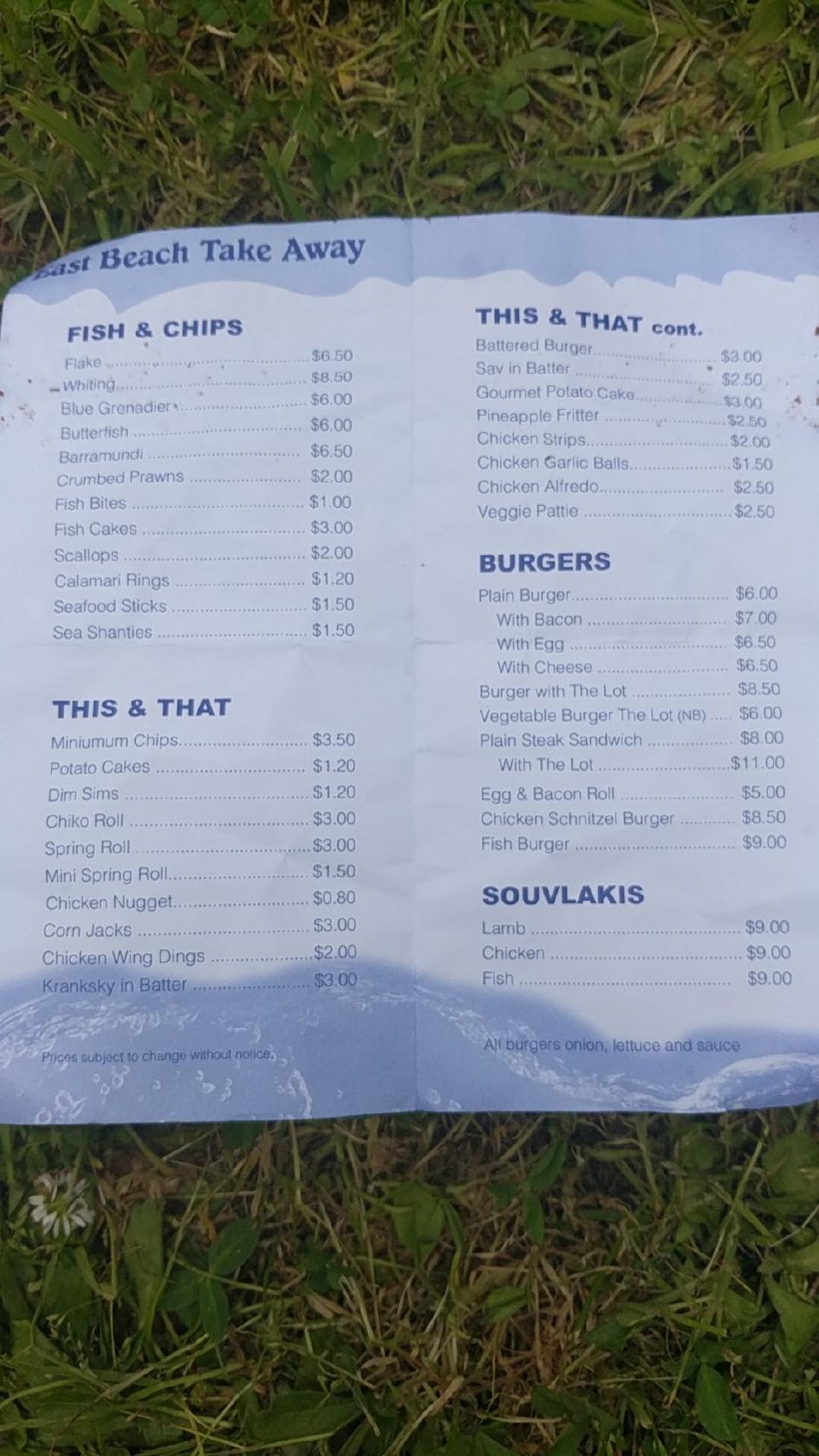 Menu at East Beach Fish and Chips restaurant, Port Fairy