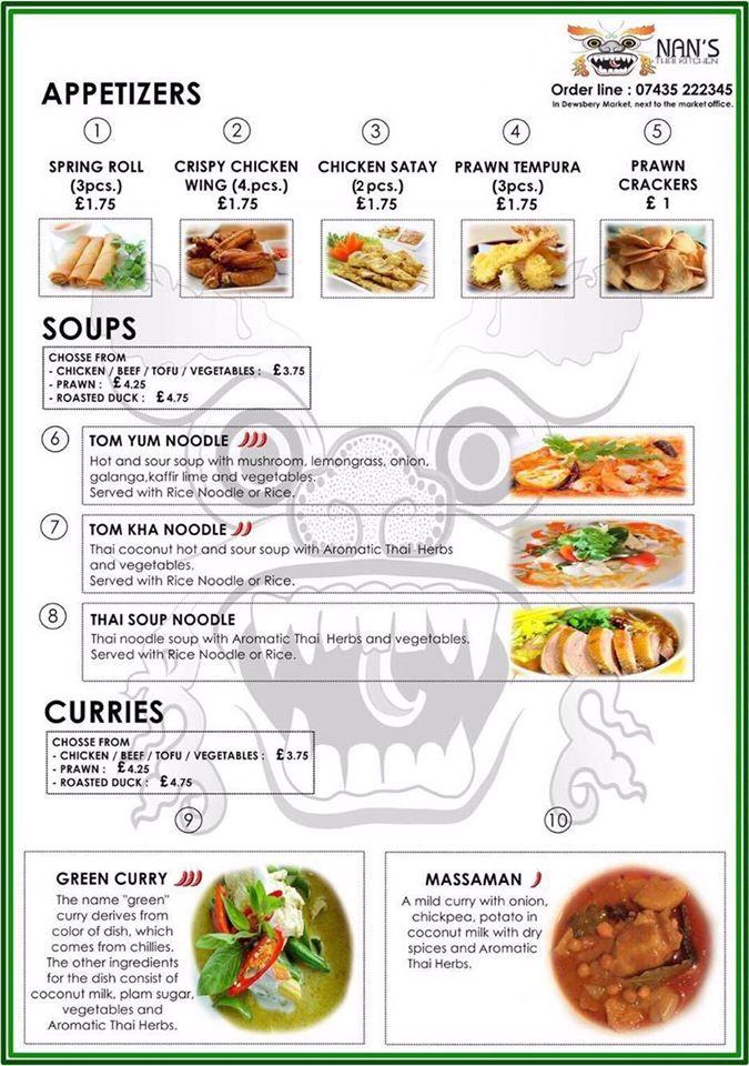 Menu at Nan's Thai Kitchen cafe, Dewsbury