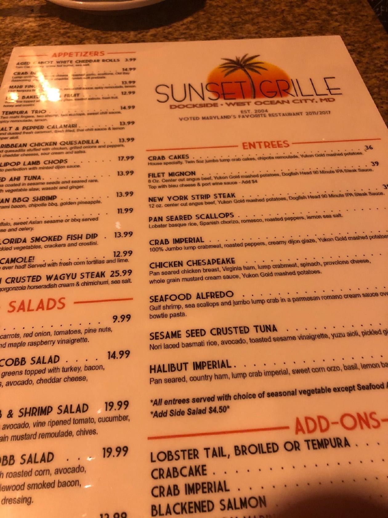 Menu at Sunset Grille pub & bar, Ocean City, Sunset Ave