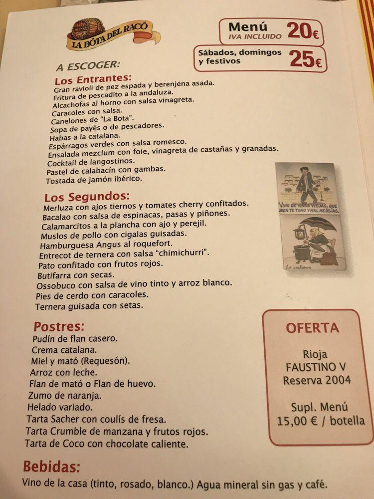 origen Polvo crítico Carta del restaurante La Bóta del Racó, Barcelona, Av. del la Mare del Déu  del Montserrat