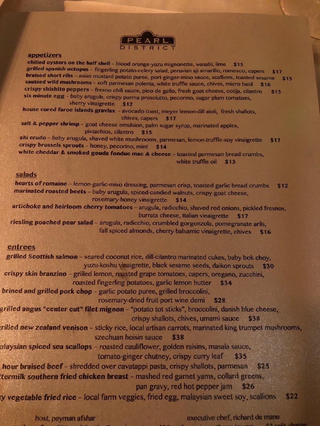 Menu at Pearl District Restaurant, Westlake Village