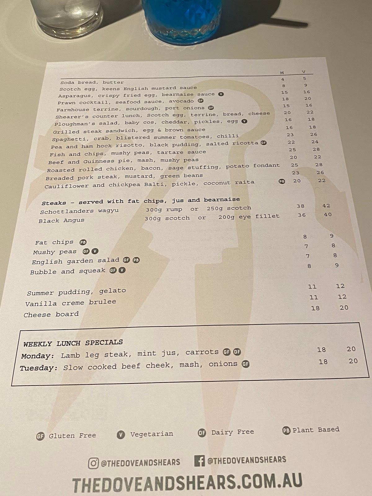 Menu at The Dove and Shears restaurant, Campbelltown