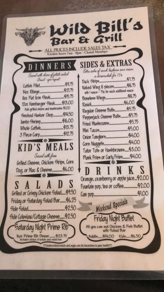 Menu at Wild Bill's Bar and Restaurant, Rulo
