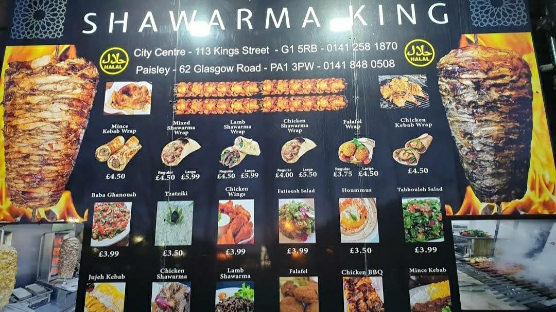 Menu at Shawarma King restaurant, Glasgow, 113 King St