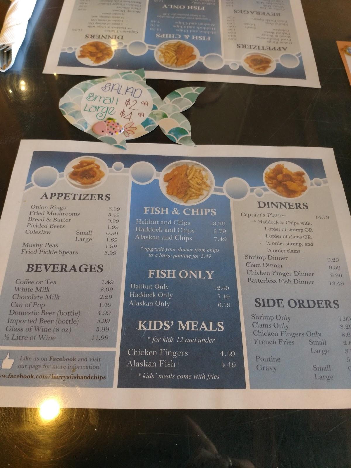 Menu at Harry's Fish & Chips restaurant, Hamilton