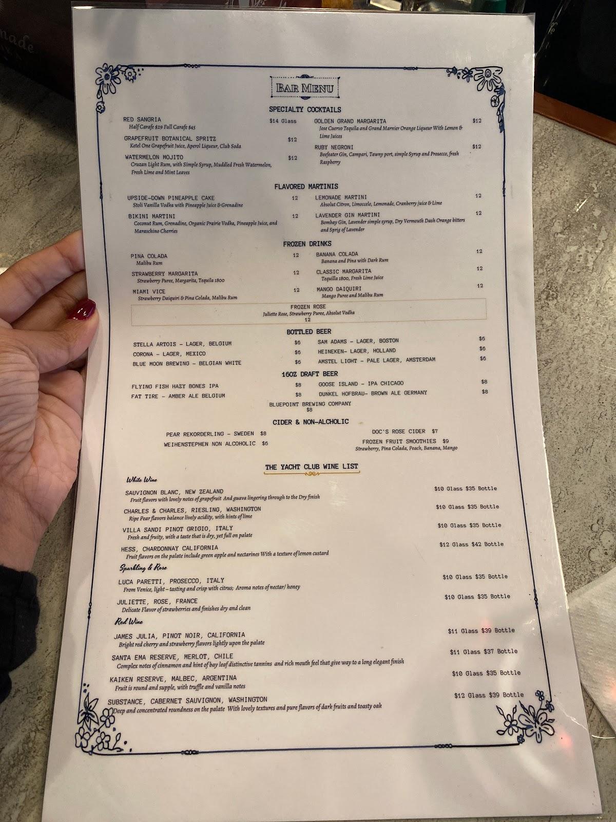 yacht club edgewater menu