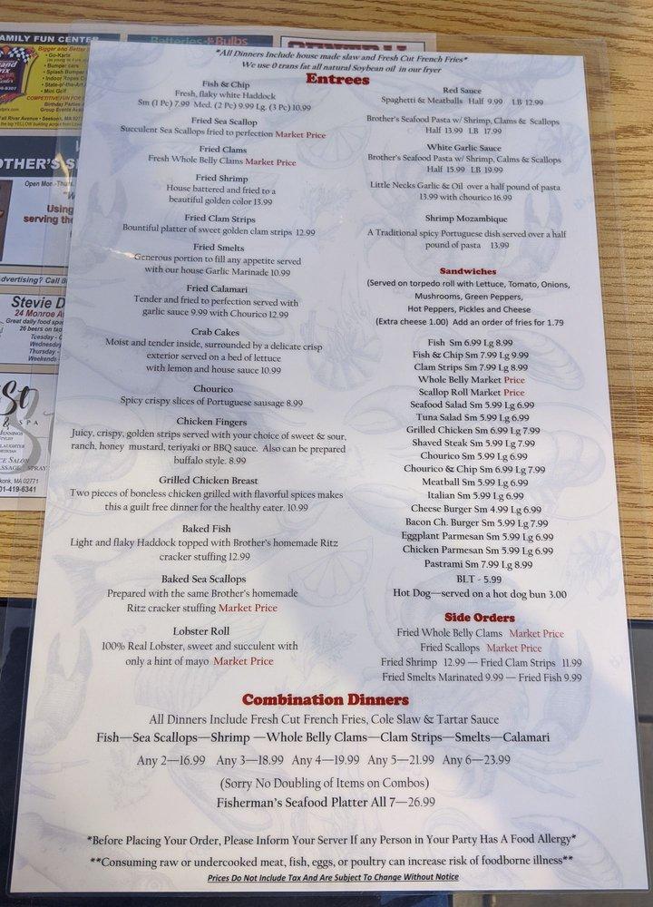 Menu at Brothers Seafood Restaurant, Seekonk