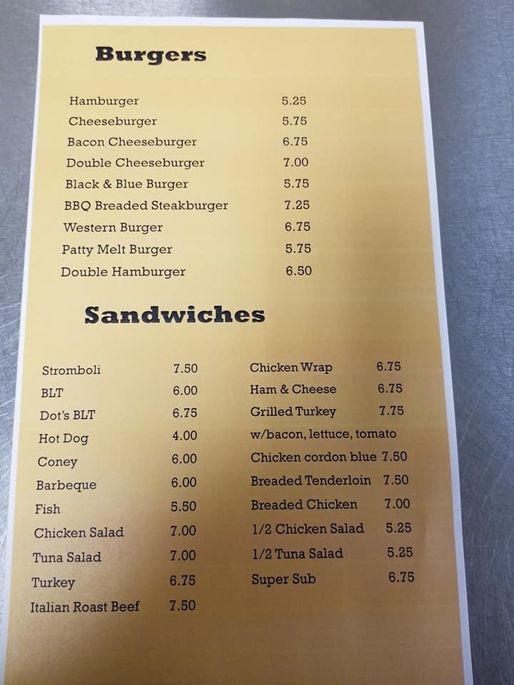 Menu at Dot's cafe, Vincennes