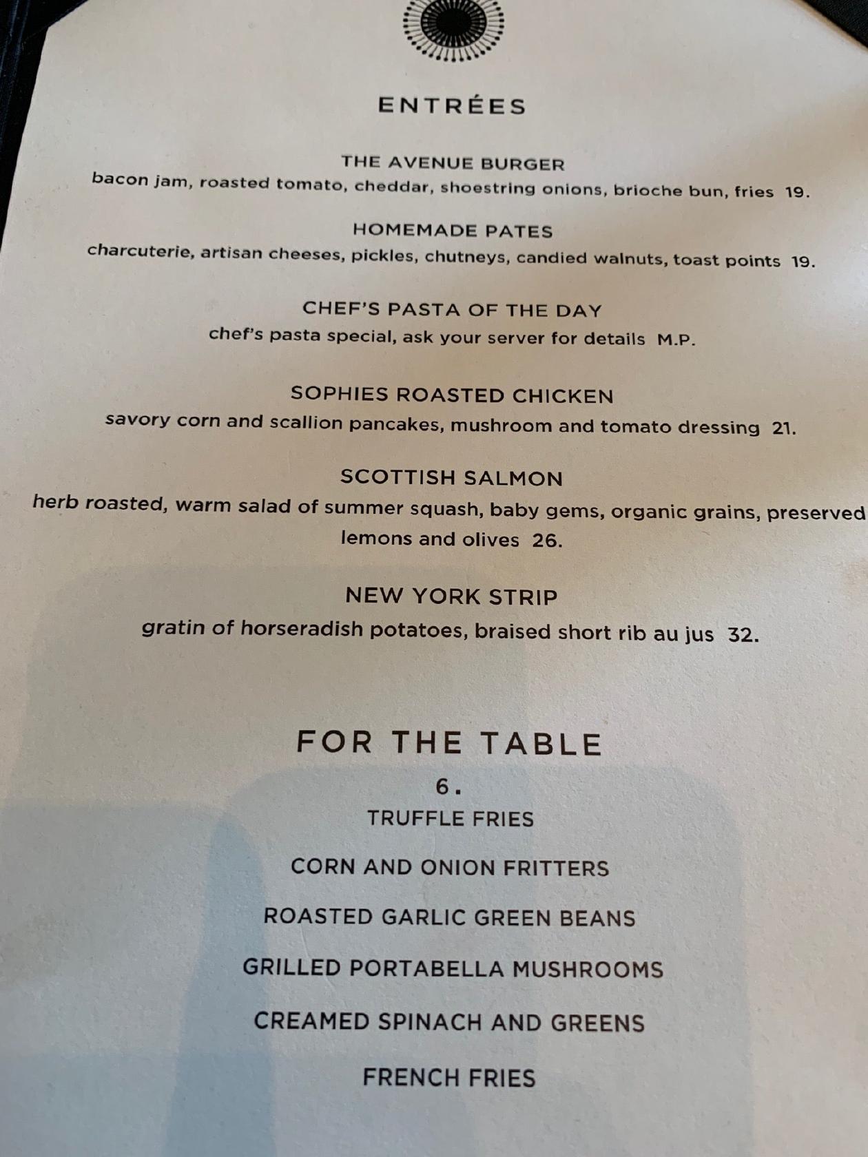 Menu at Sophie's at Saks Fifth Avenue restaurant, Sarasota