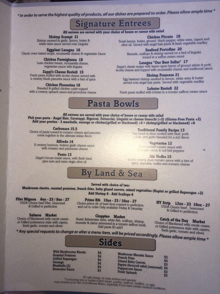 Menu at Zappi's Italian Garden pizzeria, Daytona Beach