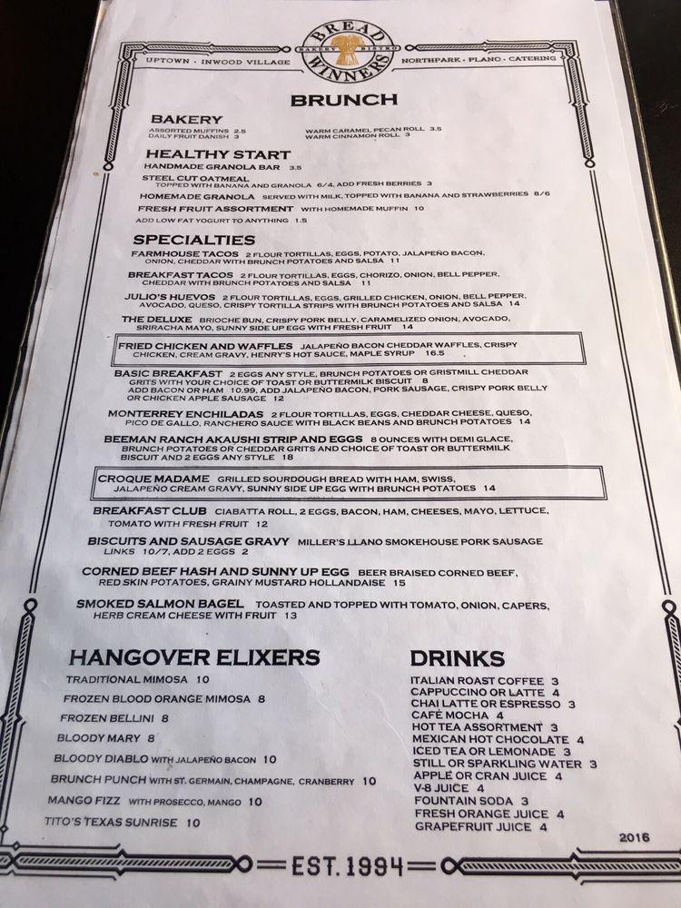 Menu at Bread Winners Cafe & Bakery, Dallas, McKinney Ave