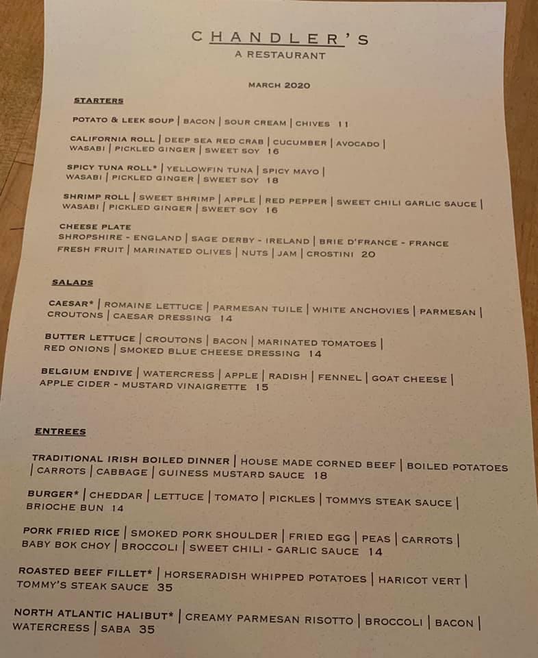 Menu at Chandler's pub & bar, Petoskey