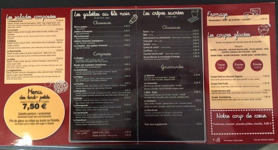 Menu au La Maison de Famille Crêperie Saladerie Rocamadour restaurant