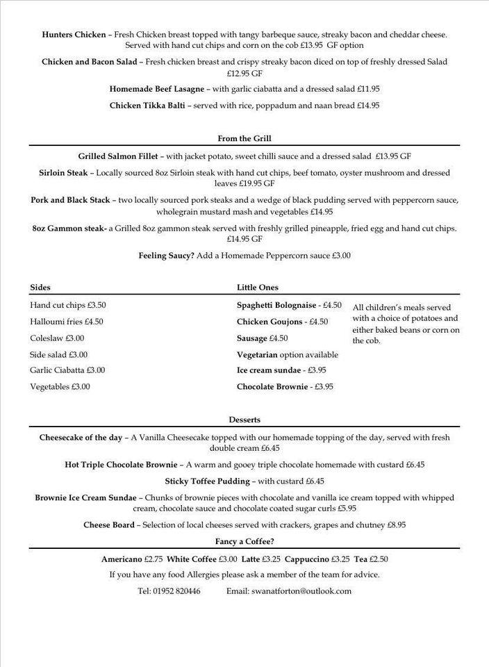 Menu at Swan Hotel Forton restaurant, Newport, Eccleshall Road