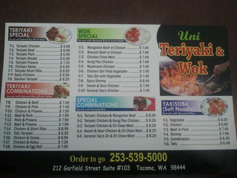 Menu at Uni Teriyaki restaurant,