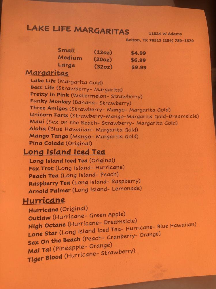 Menu at Lake Life Margarita DriveThru pub & bar, Belton