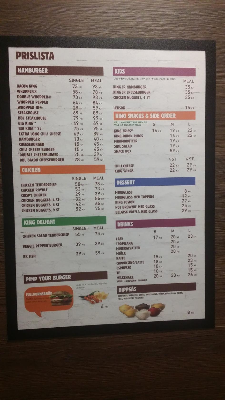 Menu at Burger King Charlottenberg restaurant, Charlottenberg