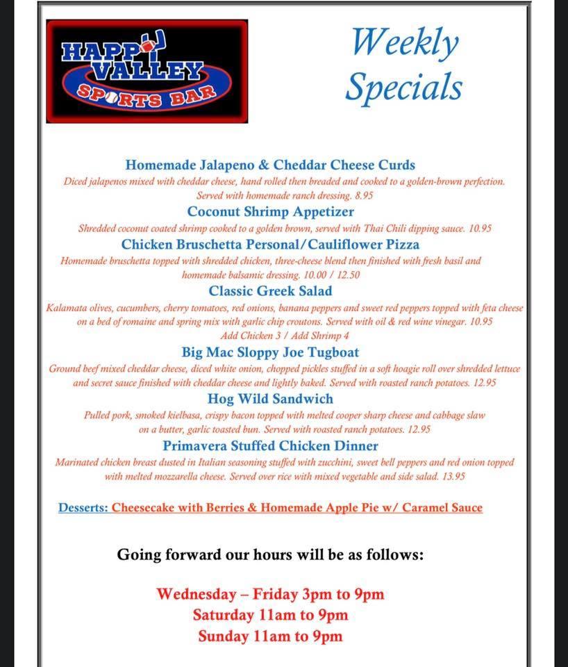 Carta de Happy Valley Sports Bar, Dickson City