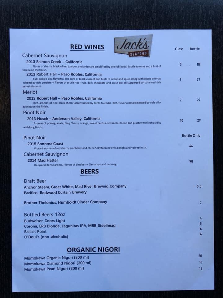 Menu at Jack's Seafood restaurant, Eureka