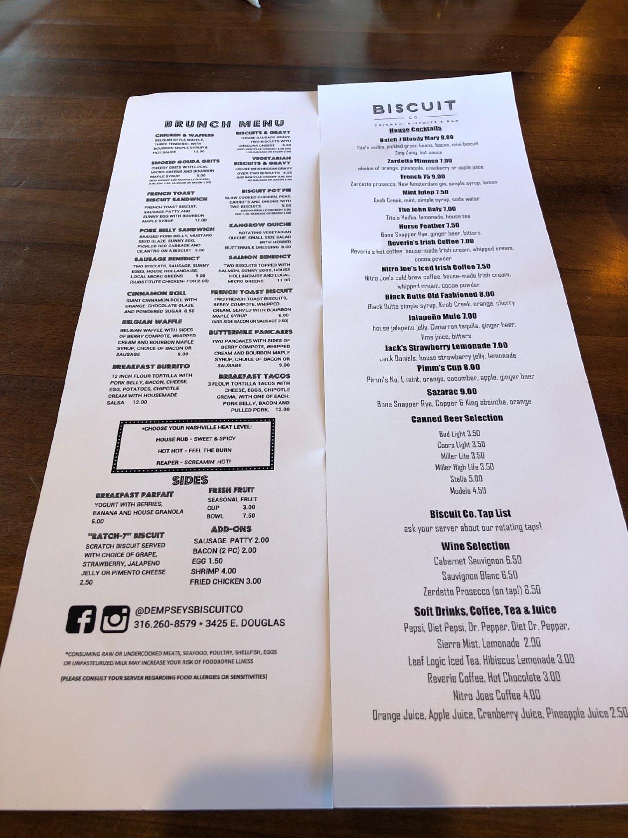 Menu at Dempsey's Biscuit Co fast food, Wichita
