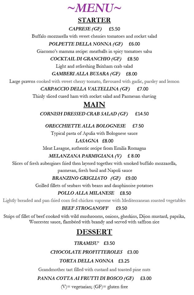 Menu at Giacomo's Ristorante Italiano restaurant, Sevenoaks