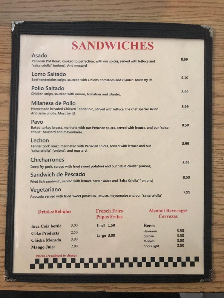 Menu at Don Juan V's Peruvian Sandwiches restaurant, Indianapolis
