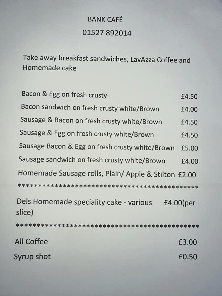 Menu at Bank Cafe & Bar, Astwood Bank