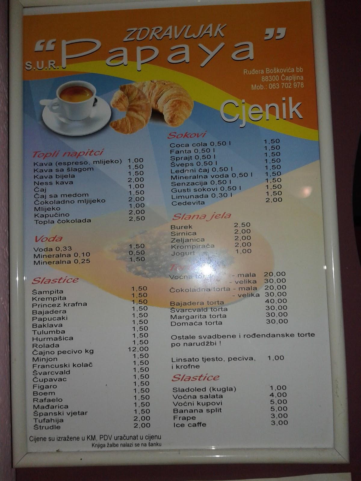 Menu at Papaya restaurant, Čapljina