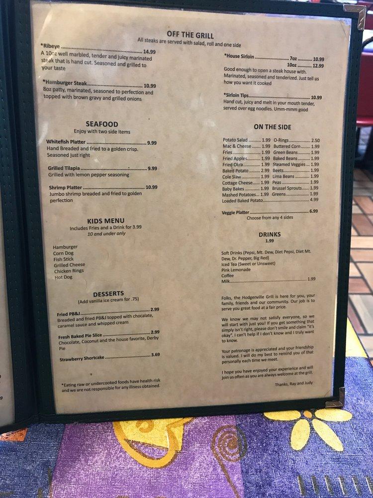 Menu at Hodgenville Grill restaurant, Hodgenville