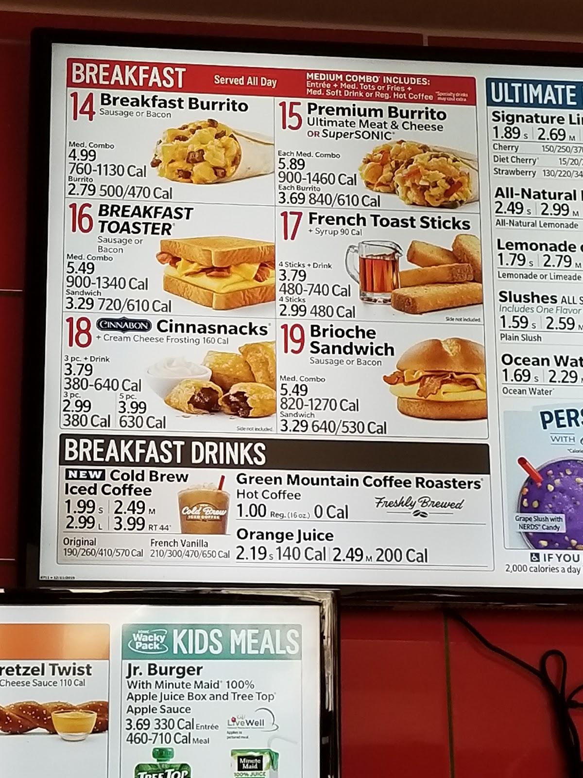Menu at Sonic DriveIn fast food, Manassas
