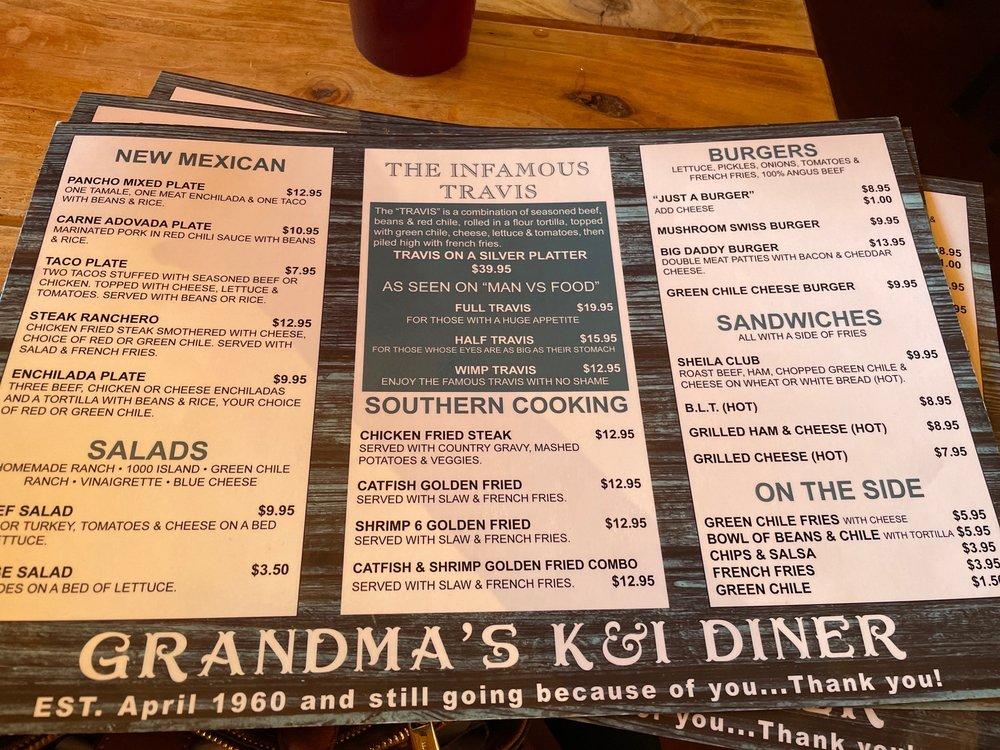 Menu at Grandma's K & I Diner restaurant, Albuquerque