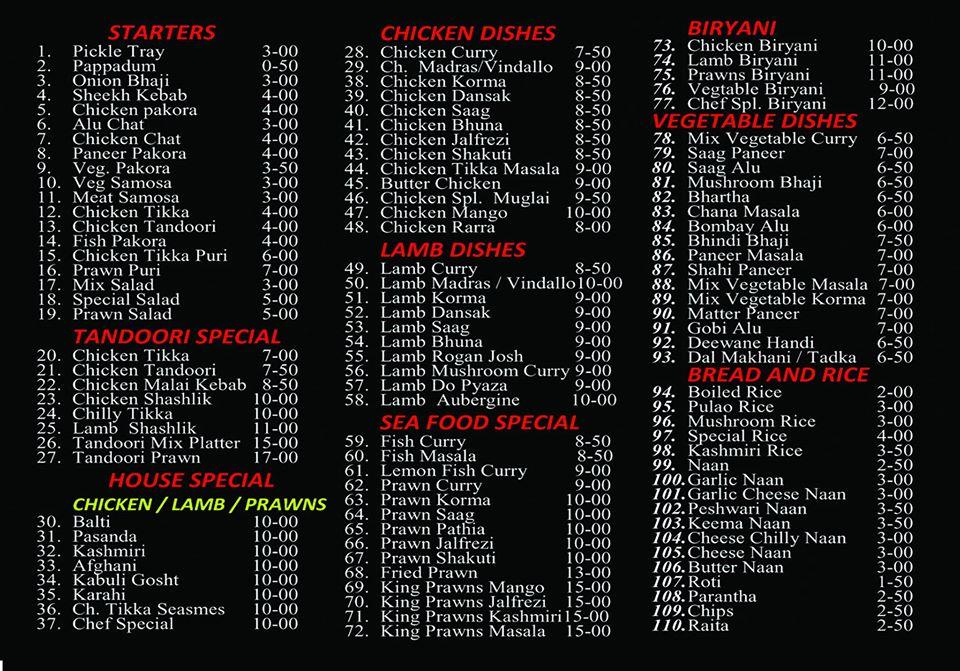 Menu at Indian Curry House restaurant, Porches