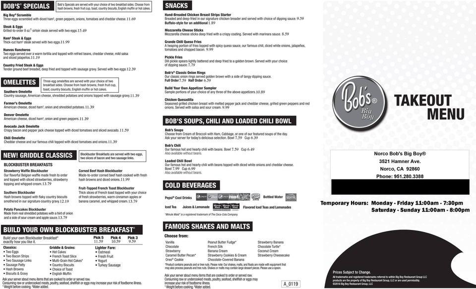Menu at Bob's Big Boy restaurant, Norco