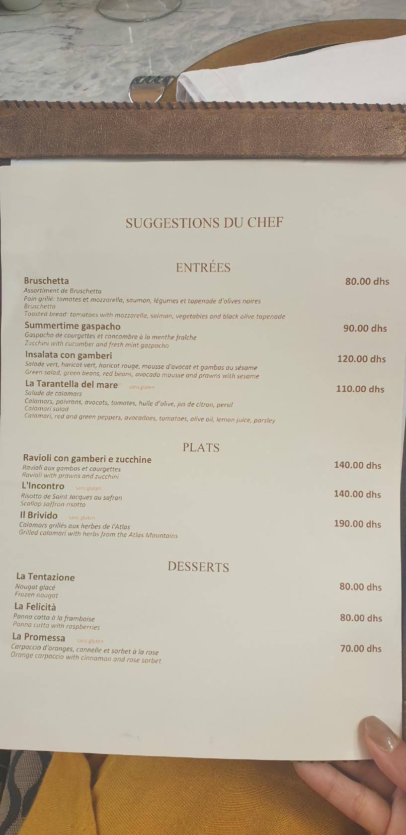 Speisekarte von La Trattoria restaurant, Marrakesch
