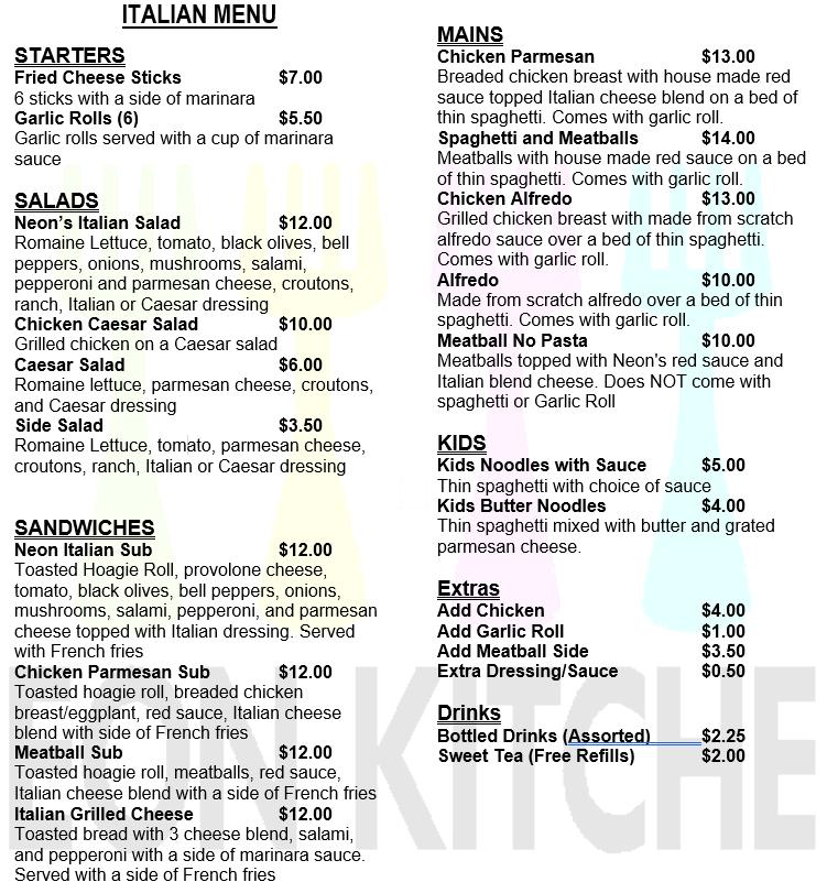 Menu at Neon Kitchen Subs & Salads restaurant, Portland